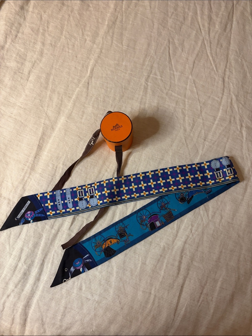 Hermes Blue and Turquoise Silk Twilly with Geometric and Carousel Motifs